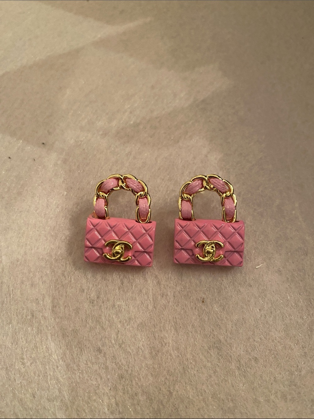 Fashion Jewelry CC  Pink Quilted Mini Bag Earrings with Gold Chain Handles